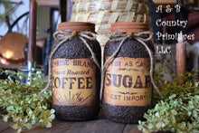 Load image into Gallery viewer, Pair of Grubby Coated Mason Jars with Vintage Coffee and Sugar Labels, Farmhouse Kitchen Decor, Coffee and Sugar Storage Containers,