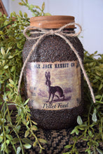 Load image into Gallery viewer, Grubby Coated Mason Jar with Vintage Pantry Spring Label, Ole Jack Rabbit Pellet Feed, Country Primitive, Kitchen Storage Farmhouse Decor