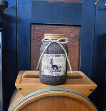 Load image into Gallery viewer, Grubby Coated Mason Jar with Vintage Pantry Spring Label, Ole Jack Rabbit Pellet Feed, Country Primitive, Kitchen Storage Farmhouse Decor