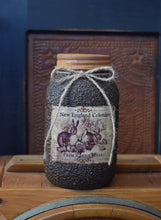 Load image into Gallery viewer, Grubby Coated Mason Jar with Vintage Pantry Spring Label, New England Colonies, Farm Raised Hares, Country Primitive, Kitchen Storage Decor