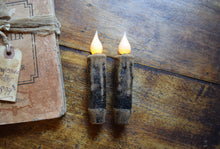 Load image into Gallery viewer, Set of (2) Two Black Grungy/Grubby 4 inch LED Wax Dipped Taper Candles with Timer, Battery Operated Flameless Candles, Primitive Home Decor