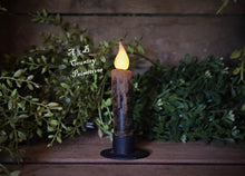 Load image into Gallery viewer, Set of (2) Two Black Grungy/Grubby 4 inch LED Wax Dipped Taper Candles with Timer, Battery Operated Flameless Candles, Primitive Home Decor