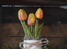 Load image into Gallery viewer, Grungy Pint Mason Jar and Tulip Arrangement, Real-feel, Real-Touch Tulip arrangement Vintage style Mason Jar Arrangement Centerpiece