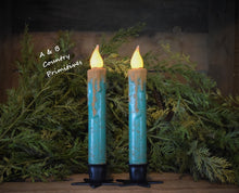 Load image into Gallery viewer, Set of TWO (2) Malachite, Vintage Green, 7 inch LED Wax Dipped Taper Candles with Timer, Battery Operated Candles, Country Primitive