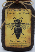 Load image into Gallery viewer, Grubby Coated Mason Jar "Little River Honey Bee Farm" Pantry Label, Farmhouse Kitchen Decor, Country Primitive Decor, Kitchen Storage