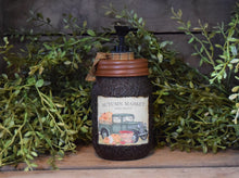 Load image into Gallery viewer, Autumn Market Fresh Produce, Fall Themed Hand Soap Dispenser, Grubby Mason Jar with Soap Pump, Country Rustic Primitive Bathroom Decor