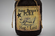 Load image into Gallery viewer, Grubby Coated Mason Jar with Vintage Pantry Label - Aunt Bessie's Pure Hog Lard, Farmhouse Kitchen Decor, Country Primitive, Kitchen Storage