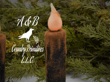 Load image into Gallery viewer, Set of (2) Two Black Grungy/Grubby 4 inch LED Wax Dipped Taper Candles with Timer, Battery Operated Flameless Candles, Primitive Home Decor