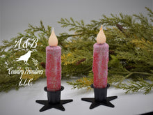 Load image into Gallery viewer, Set of TWO (2) Winter, "Snowy" Red 4 inch LED Wax Dipped Taper Candles with Timer, Battery Operated Flameless Candles, Country Primitive