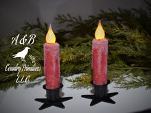 Load image into Gallery viewer, Set of TWO (2) Winter, "Snowy" Red 4 inch LED Wax Dipped Taper Candles with Timer, Battery Operated Flameless Candles, Country Primitive