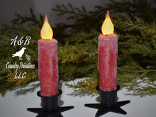 Load image into Gallery viewer, Set of TWO (2) Winter, "Snowy" Red 4 inch LED Wax Dipped Taper Candles with Timer, Battery Operated Flameless Candles, Country Primitive
