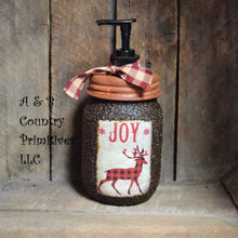Load image into Gallery viewer, Buffalo Plaid Reindeer themed Hand Soap Dispenser, Grubby Mason Jar with Soap Pump, Rustic Cabin Christmas Decor, Country Christmas, Lodge