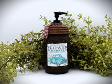 Load image into Gallery viewer, Grubby Hand Soap Dispenser Flower Market, Vintage Blue Truck, Spring Themed Folk Art Label, Country Farmhouse Bathroom Soap Dispenser