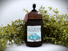 Load image into Gallery viewer, Grubby Hand Soap Dispenser Flower Market, Vintage Blue Truck, Spring Themed Folk Art Label, Country Farmhouse Bathroom Soap Dispenser