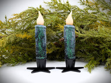 Load image into Gallery viewer, Set of TWO (2) "Starry Night" Black Glitter 4 inch LED Wax Dipped Taper Candles with Timer, Battery Operated Candles, Country Primitive