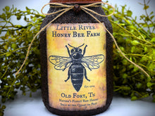 Load image into Gallery viewer, Grubby Coated Mason Jar "Little River Honey Bee Farm" Pantry Label, Farmhouse Kitchen Decor, Country Primitive Decor, Kitchen Storage