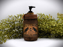 Load image into Gallery viewer, Set of Three Primitive Themed Bathroom Set, Old Crow Hand Soap Dispenser, Q-Tips Jar, Cottonballs Jar, Grungy Style Primitive Bathroom Decor