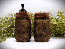 Load image into Gallery viewer, Set of Three Primitive Themed Bathroom Set, Old Crow Hand Soap Dispenser, Q-Tips Jar, Cottonballs Jar, Grungy Style Primitive Bathroom Decor