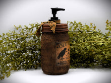 Load image into Gallery viewer, Set of Three Primitive Themed Bathroom Set, Old Crow Hand Soap Dispenser, Q-Tips Jar, Cottonballs Jar, Grungy Style Primitive Bathroom Decor