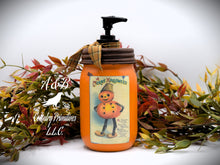 Load image into Gallery viewer, Vintage Halloween, "Merry Halloween" Pumpkin Boy Soap Dispenser, Custom Mason Jar with Soap Pump, Fall Country Primitive Bathroom Decor