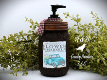 Load image into Gallery viewer, Grubby Hand Soap Dispenser Flower Market, Vintage Blue Truck, Spring Themed Folk Art Label, Country Farmhouse Bathroom Soap Dispenser