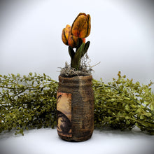 Load image into Gallery viewer, Primitive Bunny Rabbit Mason Jar Tulip Floral Arrangement, Country Primitive Farmhouse Home Decor, Spring and Easter, Cottagecore