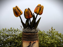 Load image into Gallery viewer, Primitive Bunny Rabbit Mason Jar Tulip Floral Arrangement, Country Primitive Farmhouse Home Decor, Spring and Easter, Cottagecore