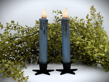 Load image into Gallery viewer, Set of (2) Two Grungy Dusty Blue 7 inch LED Wax Dipped Taper Candles with Timer, Battery Operated Candles, Country Primitive Home Decor