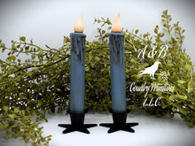 Load image into Gallery viewer, Set of (2) Two Grungy Dusty Blue 7 inch LED Wax Dipped Taper Candles with Timer, Battery Operated Candles, Country Primitive Home Decor