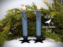 Load image into Gallery viewer, Set of (2) Two Grungy Dusty Blue 7 inch LED Wax Dipped Taper Candles with Timer, Battery Operated Candles, Country Primitive Home Decor