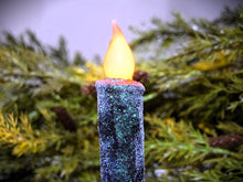 Load image into Gallery viewer, Set of TWO (2) "Starry Night" Black Glitter 4 inch LED Wax Dipped Taper Candles with Timer, Battery Operated Candles, Country Primitive
