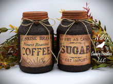 Load image into Gallery viewer, Pair of Grubby Coated Mason Jars with Vintage Coffee and Sugar Labels, Farmhouse Kitchen Decor, Coffee and Sugar Storage Containers,