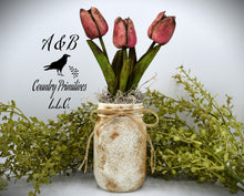 Load image into Gallery viewer, Grungy Pint Mason Jar and Tulip Arrangement, Real-feel, Real-Touch Tulip arrangement Vintage style Mason Jar Arrangement Centerpiece