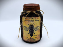 Load image into Gallery viewer, Grubby Coated Mason Jar "Little River Honey Bee Farm" Pantry Label, Farmhouse Kitchen Decor, Country Primitive Decor, Kitchen Storage