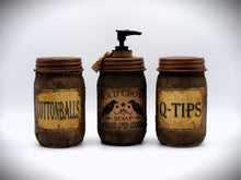 Load image into Gallery viewer, Set of Three Primitive Themed Bathroom Set, Old Crow Hand Soap Dispenser, Q-Tips Jar, Cottonballs Jar, Grungy Style Primitive Bathroom Decor