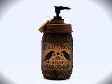 Load image into Gallery viewer, Set of Three Primitive Themed Bathroom Set, Old Crow Hand Soap Dispenser, Q-Tips Jar, Cottonballs Jar, Grungy Style Primitive Bathroom Decor