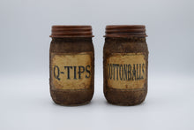 Load image into Gallery viewer, Set of Three Primitive Themed Bathroom Set, Old Crow Hand Soap Dispenser, Q-Tips Jar, Cottonballs Jar, Grungy Style Primitive Bathroom Decor