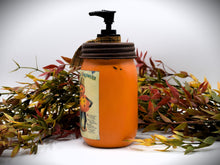 Load image into Gallery viewer, Vintage Halloween, "Merry Halloween" Pumpkin Boy Soap Dispenser, Custom Mason Jar with Soap Pump, Fall Country Primitive Bathroom Decor