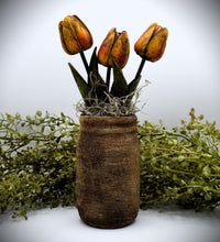 Load image into Gallery viewer, Primitive Bunny Rabbit Mason Jar Tulip Floral Arrangement, Country Primitive Farmhouse Home Decor, Spring and Easter, Cottagecore