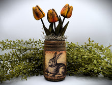 Load image into Gallery viewer, Primitive Bunny Rabbit Mason Jar Tulip Floral Arrangement, Country Primitive Farmhouse Home Decor, Spring and Easter, Cottagecore