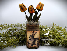 Load image into Gallery viewer, Primitive Bunny Rabbit Mason Jar Tulip Floral Arrangement, Country Primitive Farmhouse Home Decor, Spring and Easter, Cottagecore