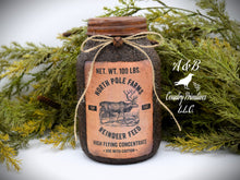 Load image into Gallery viewer, Grubby Coated Mason Jar with Vintage Pantry Christmas Label, North Pole Farms Reindeer Feed, Country Primitive Farmhouse Christmas Decor