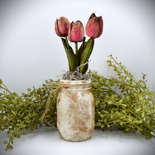 Load image into Gallery viewer, Grungy Pint Mason Jar and Tulip Arrangement, Real-feel, Real-Touch Tulip arrangement Vintage style Mason Jar Arrangement Centerpiece