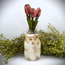 Load image into Gallery viewer, Grungy Pint Mason Jar and Tulip Arrangement, Real-feel, Real-Touch Tulip arrangement Vintage style Mason Jar Arrangement Centerpiece