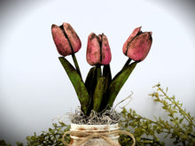 Load image into Gallery viewer, Grungy Pint Mason Jar and Tulip Arrangement, Real-feel, Real-Touch Tulip arrangement Vintage style Mason Jar Arrangement Centerpiece