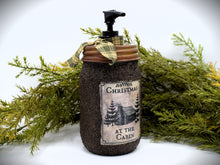 Load image into Gallery viewer, Christmas at the Cabin Mason Jar Hand Soap Dispenser, Grubby Mason Jar with Soap Pump, Country Rustic Cabin Decor, Bathroom Soap Dispenser