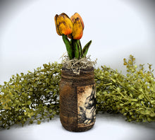 Load image into Gallery viewer, Primitive Mama and Baby Bunny Rabbit Mason Jar Tulip Floral Arrangement, Country Farmhouse, Cottagecore, Spring, Easter, Mother's Day Gift