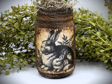 Load image into Gallery viewer, Primitive Mama and Baby Bunny Rabbit Mason Jar Tulip Floral Arrangement, Country Farmhouse, Cottagecore, Spring, Easter, Mother's Day Gift