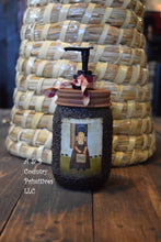 Load image into Gallery viewer, Grubby Hand Soap Dispenser, Primitive Girl 1776 Americana, Mason Jar Soap Pump & Folk Art Print, Farmhouse Country Bathroom Decor