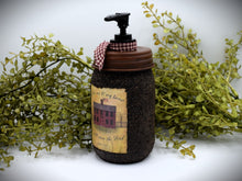 Load image into Gallery viewer, Mason Jar Hand Soap Dispenser, Red Salt Box House, Grubby Mason Jar Soap Pump & Folk Art Print, Country Farmhouse Bathroom Soap Dispenser